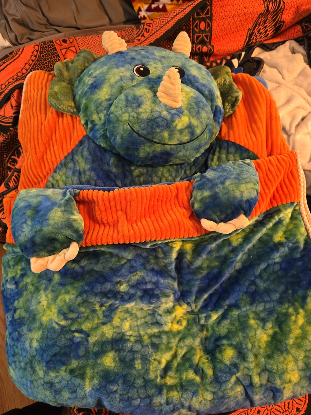 Blue-Green Plush Dinosaur Sleeping Bag with Orange Accent